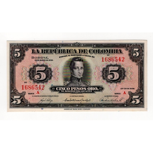 189 - Colombia 5 Pesos Oro dated 22nd March 1938, serial A 1686542 (Pick341a) Uncirculated