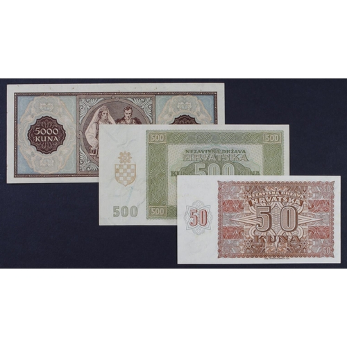 193 - Croatia (3), 50 Kuna dated 1941 serial N0984434 (TBB B101a, Pick1a) Uncirculated, 500 Kuna dated 194... 
