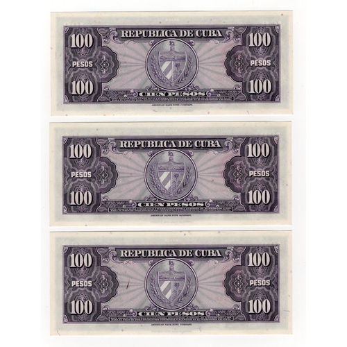 197 - Cuba 100 Pesos dated series of 1950 (3), a consecutively numbered run serial A397634A - A397636A (TB... 