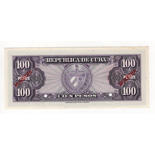 198 - Cuba 100 Pesos dated series of 1958, a rare SPECIMEN note, serial 00000, 2 x diagonal 'MUESTRA' over... 