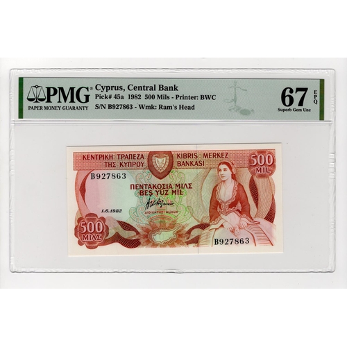 201 - Cyprus 500 Mils dated 1st June 1982, serial B927863 (TBB B305a, Pick45a) in PMG holder graded 67 EPQ... 