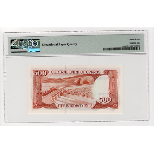 201 - Cyprus 500 Mils dated 1st June 1982, serial B927863 (TBB B305a, Pick45a) in PMG holder graded 67 EPQ... 