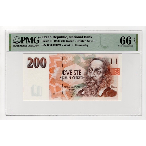 202 - Czech Republic 200 Korun dated 1996, serial B36 373424 (TBB B113a, Pick13) in PMG holder graded Gem ... 