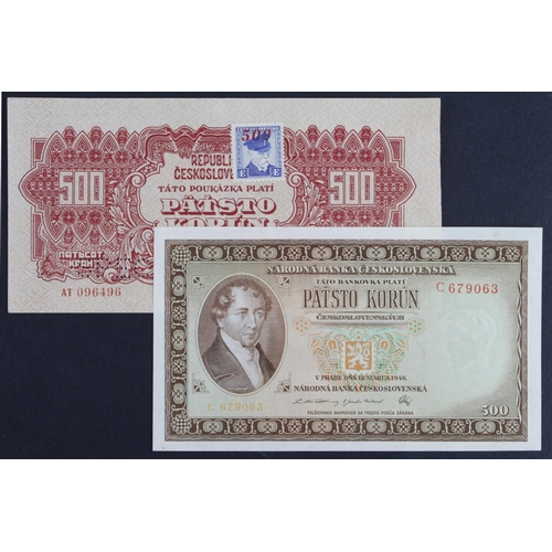 205 - Czechoslovakia (2), 500 Korun dated 1944 (issued 1945), with revalidation adhesive stamp, perforated... 