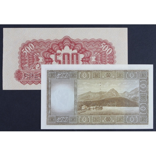 205 - Czechoslovakia (2), 500 Korun dated 1944 (issued 1945), with revalidation adhesive stamp, perforated... 