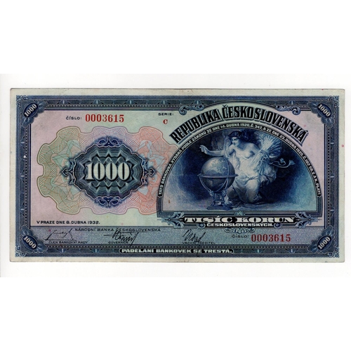 207 - Czechoslovakia 1000 Korun dated 8th April 1932, issued note, series C, serial no. 0003615 (TBB B206a... 