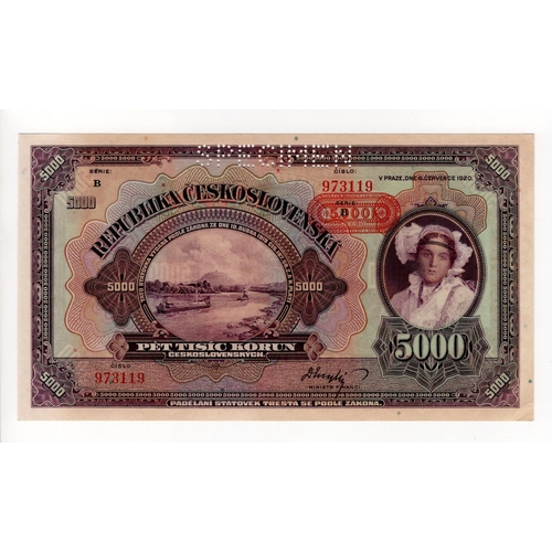 209 - Czechoslovakia 5000 Korun dated 6th July 1920, series B, serial No. 973119, perforated 'SPECIMEN' (T... 