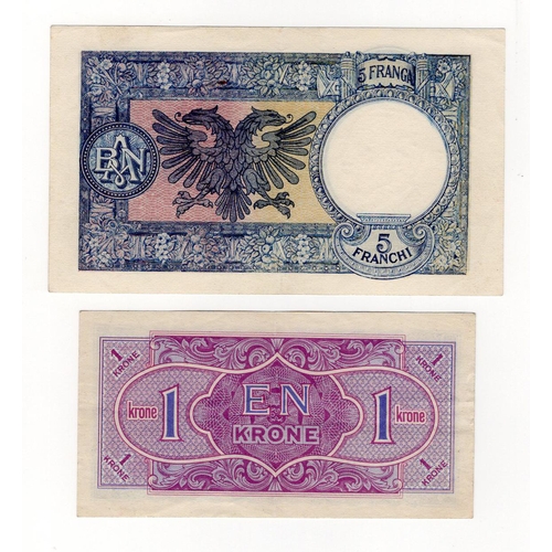 210 - Denmark & Albania (2), a pair of World War 2 notes, Denmark 1 Krone issued 1944, Allied Military not... 