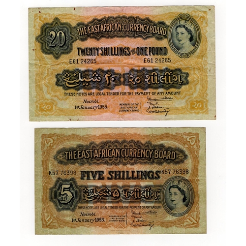 214 - East African Currency Board (2) 20 Shillings or 1 Pound dated 1st January 1955 serial E61 24265 (TBB... 