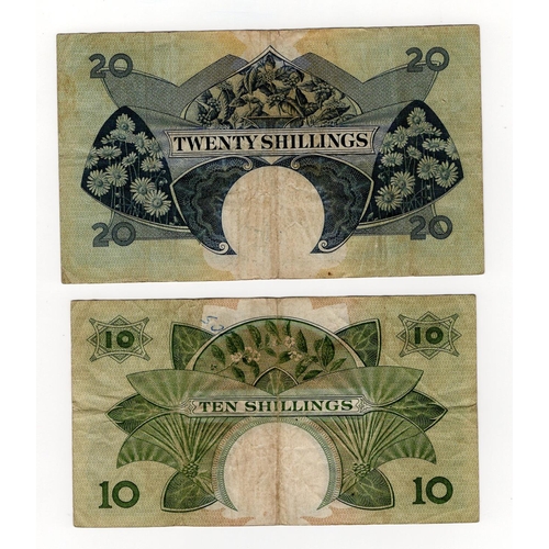 215 - East African Currency Board (2), 20 Shillings issued 1958 - 1960, portrait Queen Elizabeth II top le... 