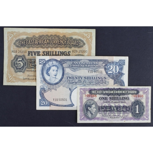 216 - East African Currency Board (3), 5 Shillings dated 31st March 1953, 20 Shillings issued 1958 - 1960,... 