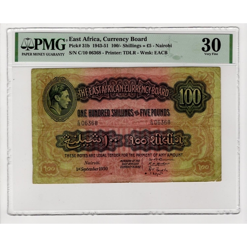 221 - East African Currency Board 100 Shillings or 5 Pounds dated 1st September 1950, portrait King George... 