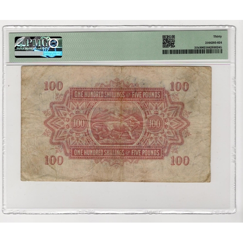 221 - East African Currency Board 100 Shillings or 5 Pounds dated 1st September 1950, portrait King George... 