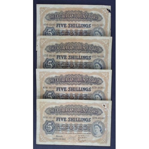 222 - East African Currency Board 5 Shillings (4) dated 31st Marh 1953, 1st January 1955 & 1st February 19... 