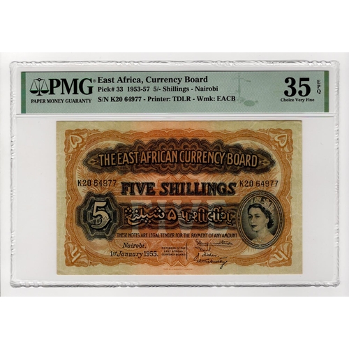 223 - East African Currency Board 5 Shillings dated 1st January 1955, Queen Elizabeth II portrait, serial ... 