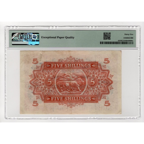 223 - East African Currency Board 5 Shillings dated 1st January 1955, Queen Elizabeth II portrait, serial ... 