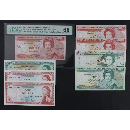 225 - East Caribbean (8), a high grade group of early issues, comprising 5 Dollars 1965, 1 Dollar 1965 (2 ... 