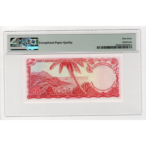 226 - East Caribbean 1 Dollar issued 1965 Antigua, overprint A in circle at left, serial B99 060375 (TBB B... 