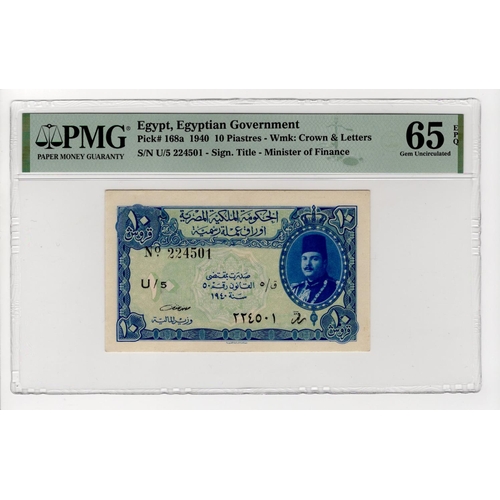 235 - Egypt 10 Piastres dated 1940, signed Mahmoud Fahmy el Nokrashy, portrait King Farouk at right, seria... 