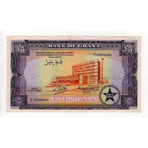 302 - Ghana 5 Pounds dated 1st July 1958, scarce SPECIMEN note serial A/1 000000, perforated 'CANCELLED' (... 