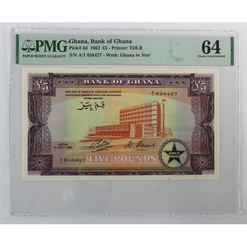 303 - Ghana 5 Pounds dated 1st July 1962, serial A/1 858427 (TBB B103d, Pick3d) in PMG holder graded 64 Ch... 