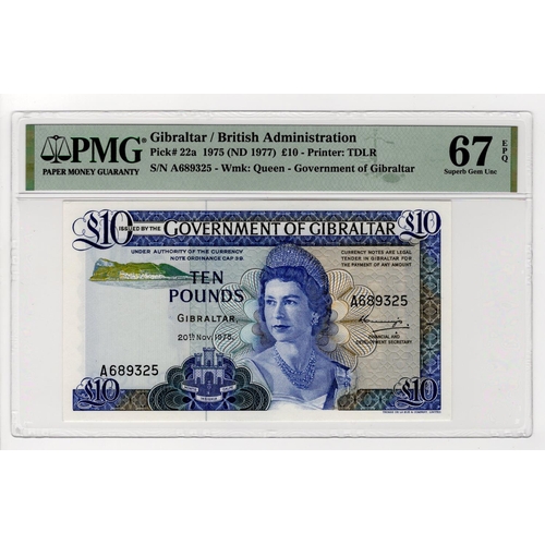 306 - Gibraltar 10 Pounds dated 20th November 1975, rarer date, serial A689325 (TBB B120a, Pick22a) in PMG... 