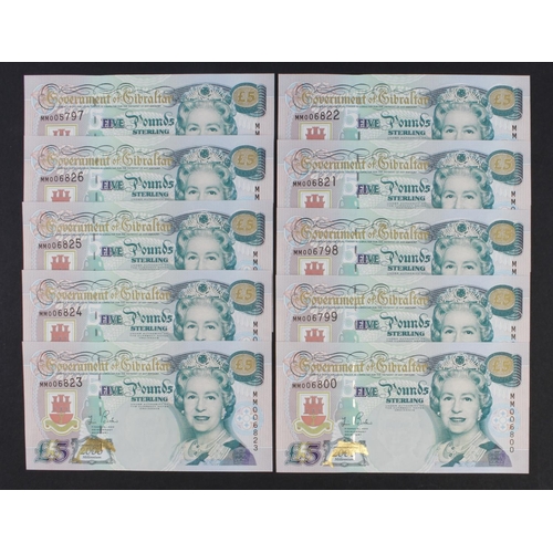 307 - Gibraltar 5 Pounds (10) dated 2000, Commemorative notes Millennium 2000, two consecutively numbered ... 