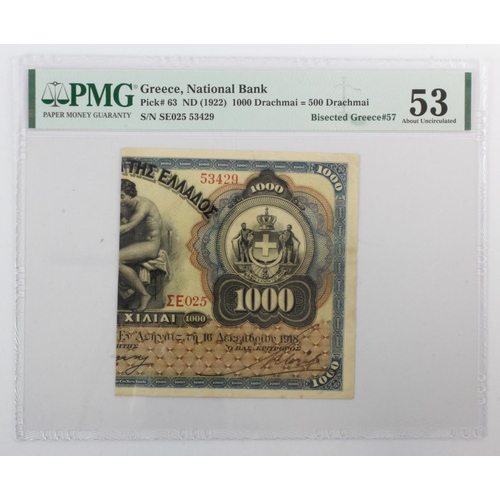 315 - Greece 1000 Drachmai = 500 Drachmai dated 1918 (1922 Emergency Issue), serial SE025 53429 (Pick63) i... 