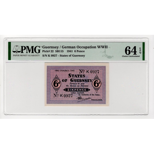 326 - Guernsey 6 Pence dated 16th October 1941, German Occupation issue during WW2, serial K0927 (TBB B132... 