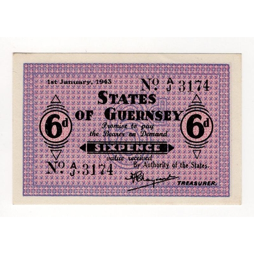 327 - Guernsey 6 Pence dated 1st January 1943, German Occupation issue during WW2, serial A/J 3174 (TBB B1... 
