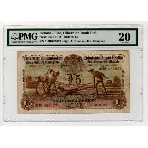 348 - Ireland Republic 5 Pounds dated 6th May 1929, the first date of issue, The Hibernian Bank 'Ploughman... 