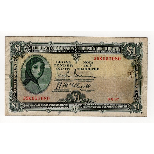 349 - Ireland Republic Currency Commission 1 Pound dated 3rd August 1937, scarce early dated Lady Lavery i... 