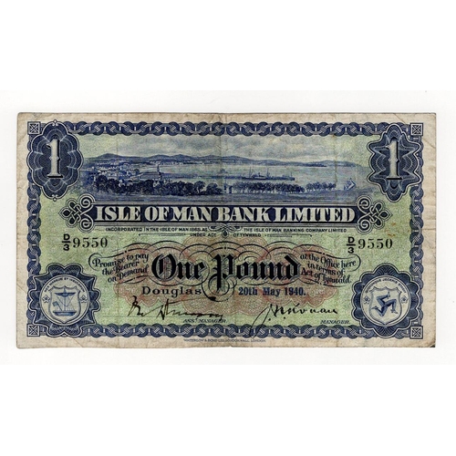 351 - Isle of Man 1 Pound dated 20th May 1940, signed Watterson & Ronan, serial D/3 9550 (IMPM M279, Pick6... 