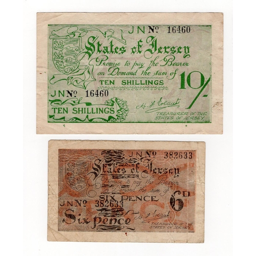 355 - Jersey (2) 10 Shillings issued 1941 - 1942, German Occupation issue during WW2, serial number 16460 ... 