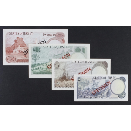 358 - Jersey (4), a group of SPECIMEN notes, 20 Pounds, 10 Pounds, 5 Pounds & 1 Pound, issued 1976 - 1988 ... 