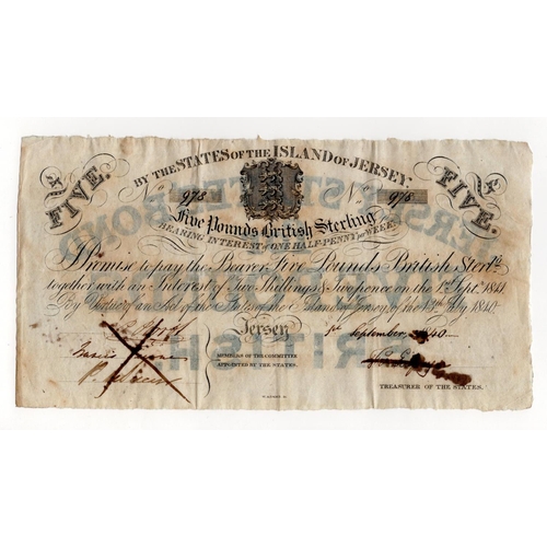 359 - Jersey 5 Pounds dated 1840, Interest Bearing Note at one half-penny per week, serial number 978, pen... 