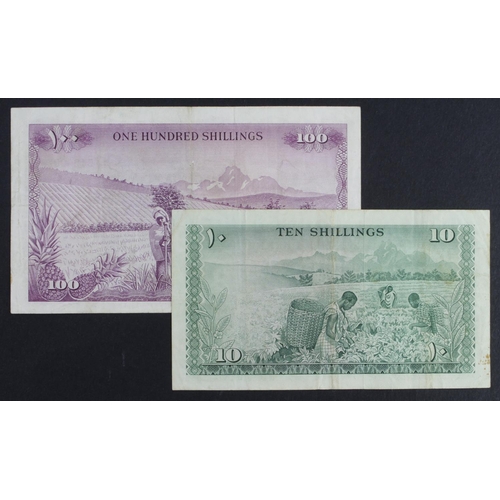 360 - Kenya (2), 100 Shillings dated 1st July 1966, first dated of issue, serial A/6 542620 (TBB B105a, Pi... 