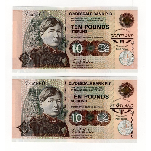 408 - Scotland, Clydesdale Bank 10 Pounds (2) dated 15th March 2006, commemorative Commonwealth Games, a L... 