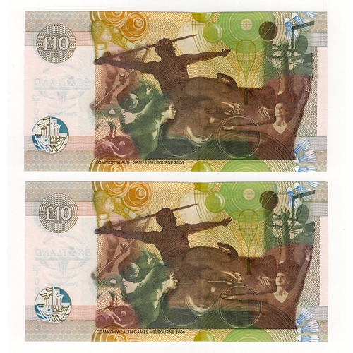 408 - Scotland, Clydesdale Bank 10 Pounds (2) dated 15th March 2006, commemorative Commonwealth Games, a L... 