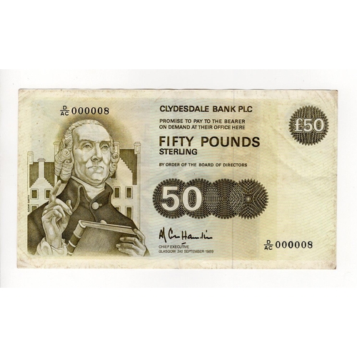 411 - Scotland, Clydesdale Bank 50 Pounds dated 3rd September 1989, signed A.R. Cole Hamilton, VERY LOW se... 