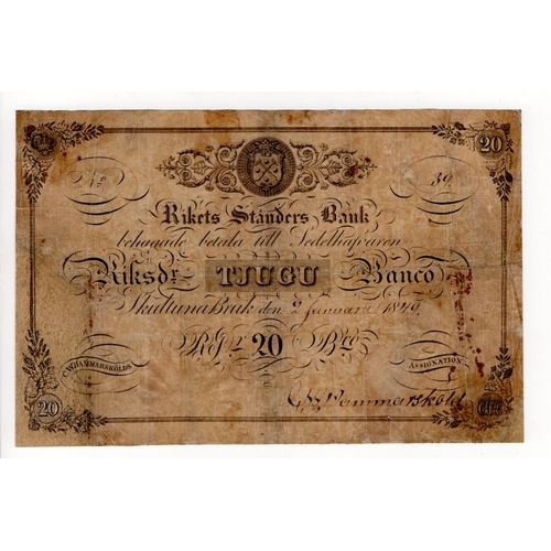 431 - Sweden 20 Riksdaler dated 1849, Rikets Standers Bank, serial no. 39 (PickNL) dirt and stains, VG