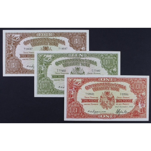 434 - Tonga (3), 1 Pound dated 2nd December 1966, serial D/1 53591 (TBB B111t, Pick11e), 10 Shillings date... 