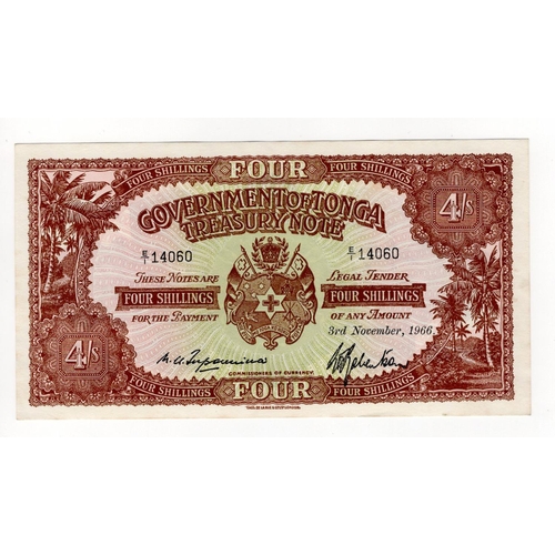 435 - Tonga 4 Shillings dated 3rd November 1966, serial E/1 14060 (TBB B109x, Pick9e) light dents in paper... 