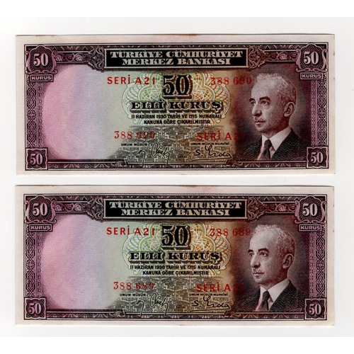 437 - Turkey 50 Kurus (2) dated Law 1930, a consecutively numbered pair, serial A21 388689 & A21 388690 (T... 