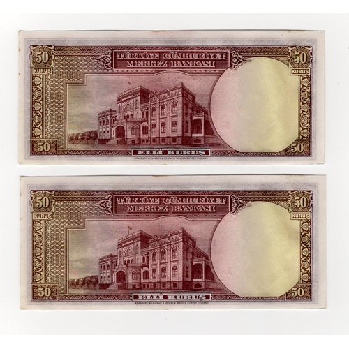 437 - Turkey 50 Kurus (2) dated Law 1930, a consecutively numbered pair, serial A21 388689 & A21 388690 (T... 