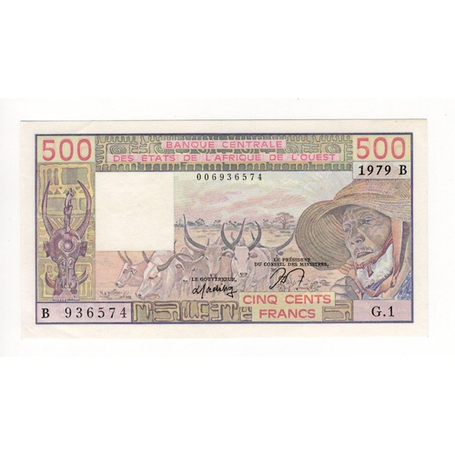 446 - West African States Benin 500 Francs dated 1979 serial B 936574 (TBB B110Ba, Pick205Ba) very light h... 