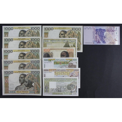 447 - West African States Ivory Coast (12), 10000 Francs 2003, 500 Francs 1988, 1000 Francs and 500 Francs... 