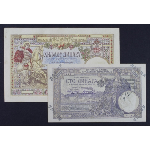 448 - Yugoslavia (2) 1000 Dinara dated 30th November 1920, contemporary FORGERY without watermark (Pick24)... 