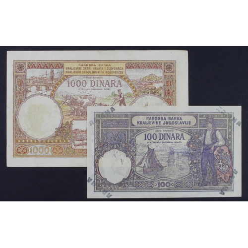 448 - Yugoslavia (2) 1000 Dinara dated 30th November 1920, contemporary FORGERY without watermark (Pick24)... 