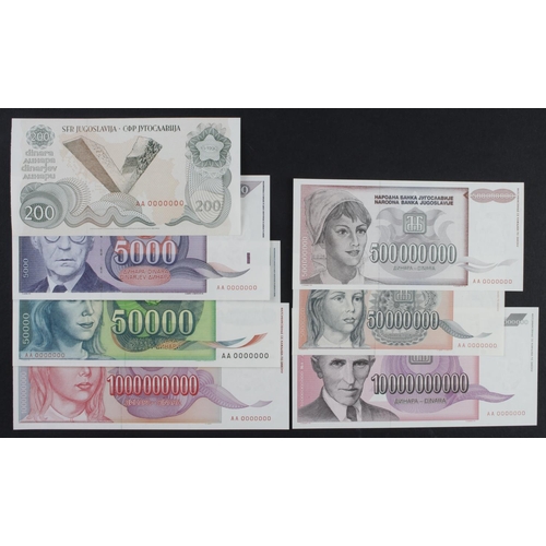 449 - Yugoslavia (7), a group of Specimen notes with all zeroes serial numbers, 10000 Million Dinara, 1000... 